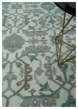 Hand Knotted Ivory and Teal 8x10 and 11x11 Square Oushak Wool Area Rug