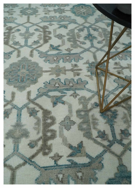 Hand Knotted Ivory and Teal 8x10 and 11x11 Square Oushak Wool Area Rug