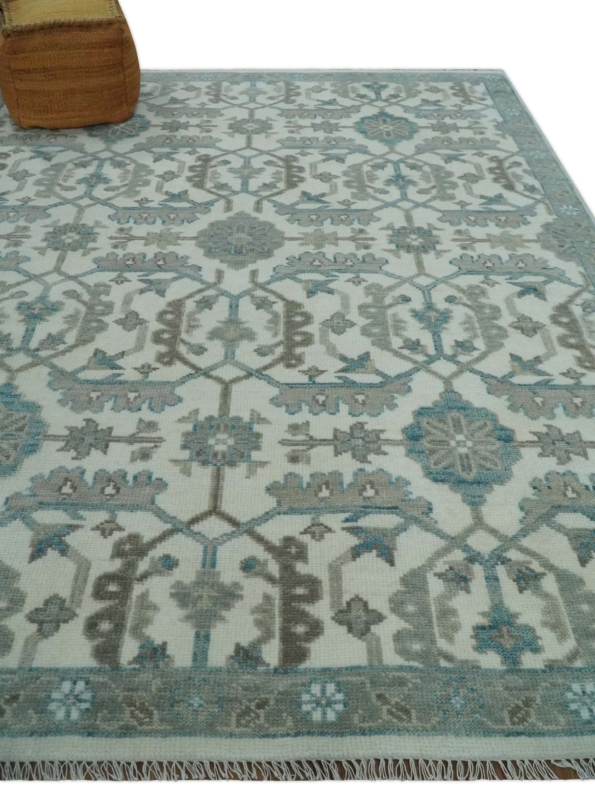 Hand Knotted Ivory and Teal 8x10 and 11x11 Square Oushak Wool Area Rug