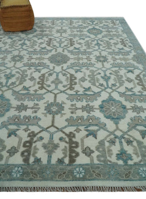 Hand Knotted Ivory and Teal 8x10 and 11x11 Square Oushak Wool Area Rug