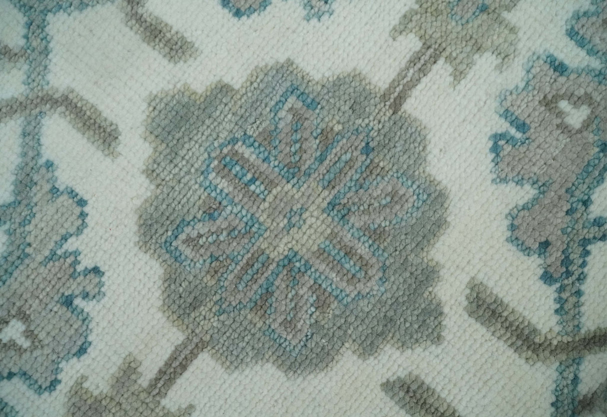 Hand Knotted Ivory and Teal 8x10 and 11x11 Square Oushak Wool Area Rug