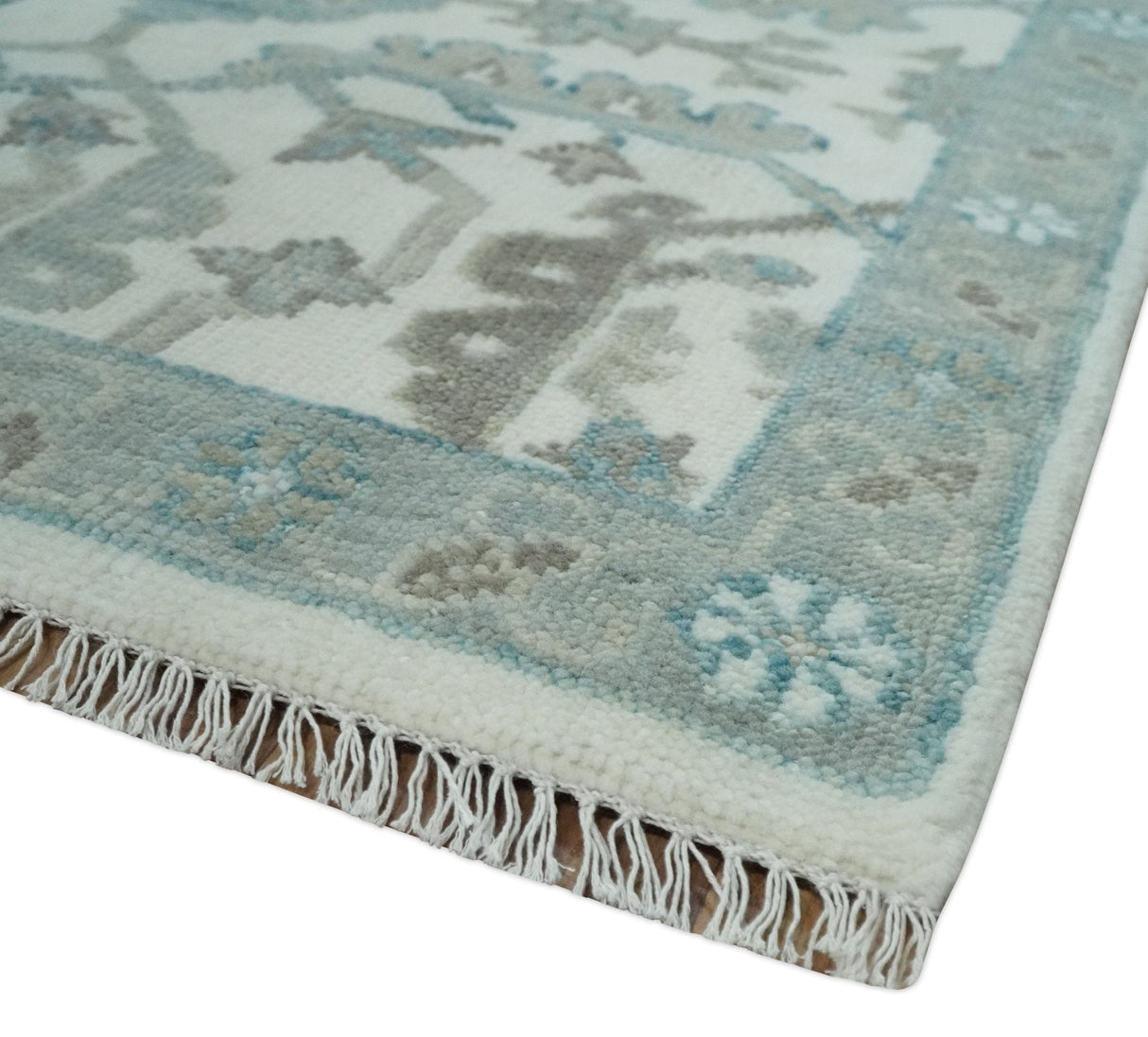 Hand Knotted Ivory and Teal 8x10 and 11x11 Square Oushak Wool Area Rug