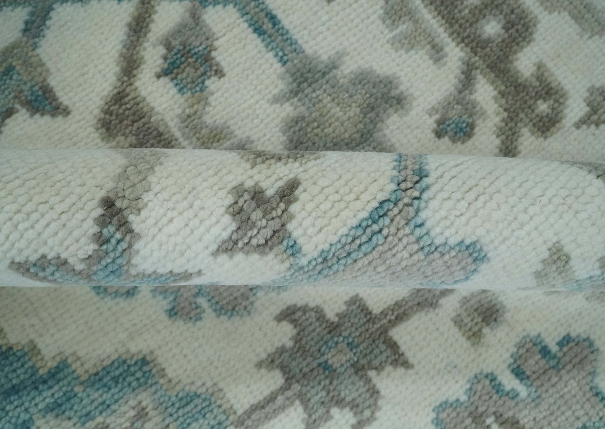 Hand Knotted Ivory and Teal 8x10 and 11x11 Square Oushak Wool Area Rug