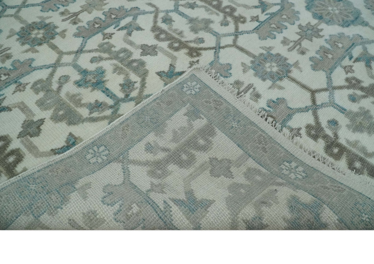Hand Knotted Ivory and Teal 8x10 and 11x11 Square Oushak Wool Area Rug