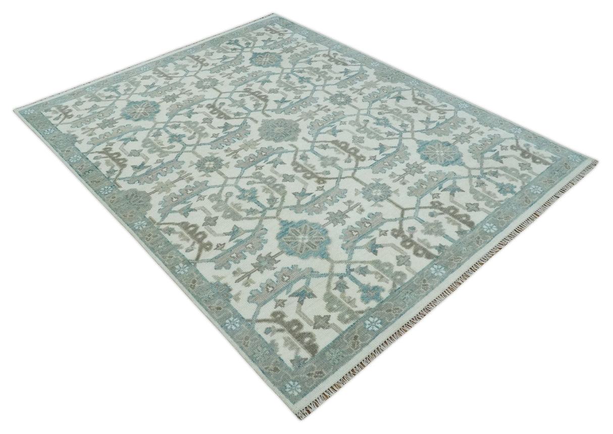 Hand Knotted Ivory and Teal 8x10 and 11x11 Square Oushak Wool Area Rug