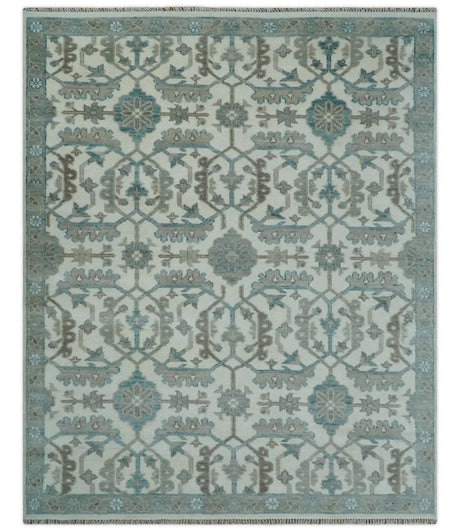 Hand Knotted Ivory and Teal 8x10 and 11x11 Square Oushak Wool Area Rug