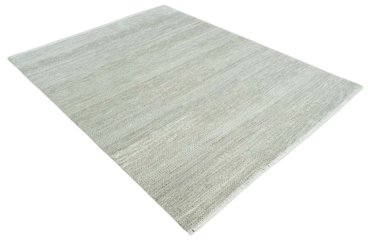 Hand Knotted Modern Geometric Trellis Scandinavian 8x10 Beige, and Ivory Wool Area Rug