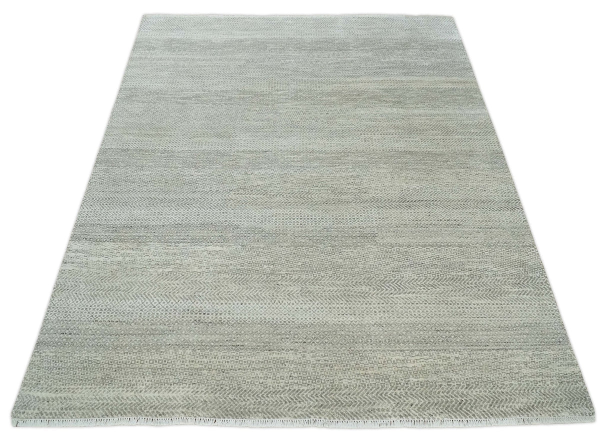 Hand Knotted Modern Geometric Trellis Scandinavian 8x10 Beige, and Ivory Wool Area Rug