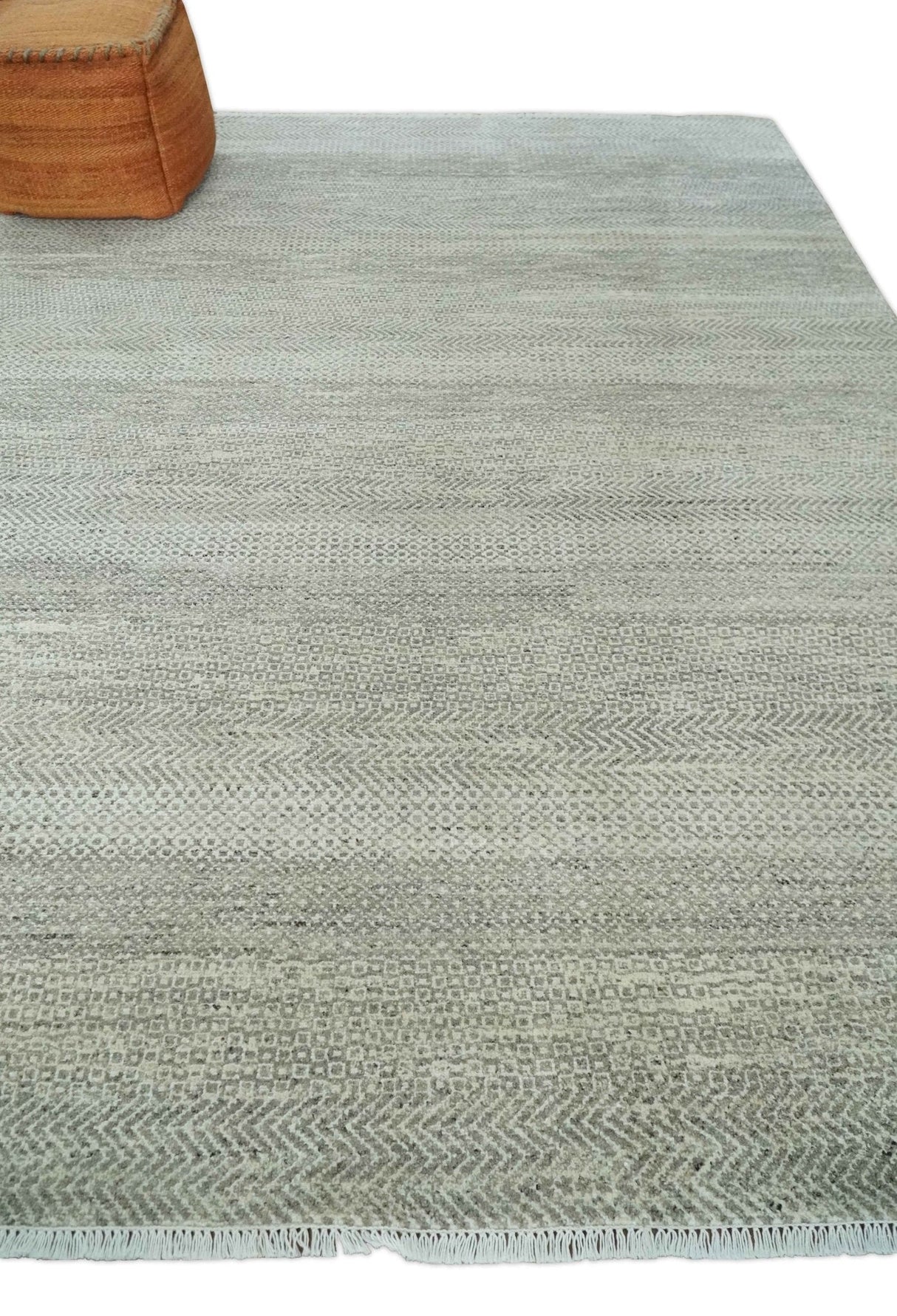Hand Knotted Modern Geometric Trellis Scandinavian 8x10 Beige, and Ivory Wool Area Rug