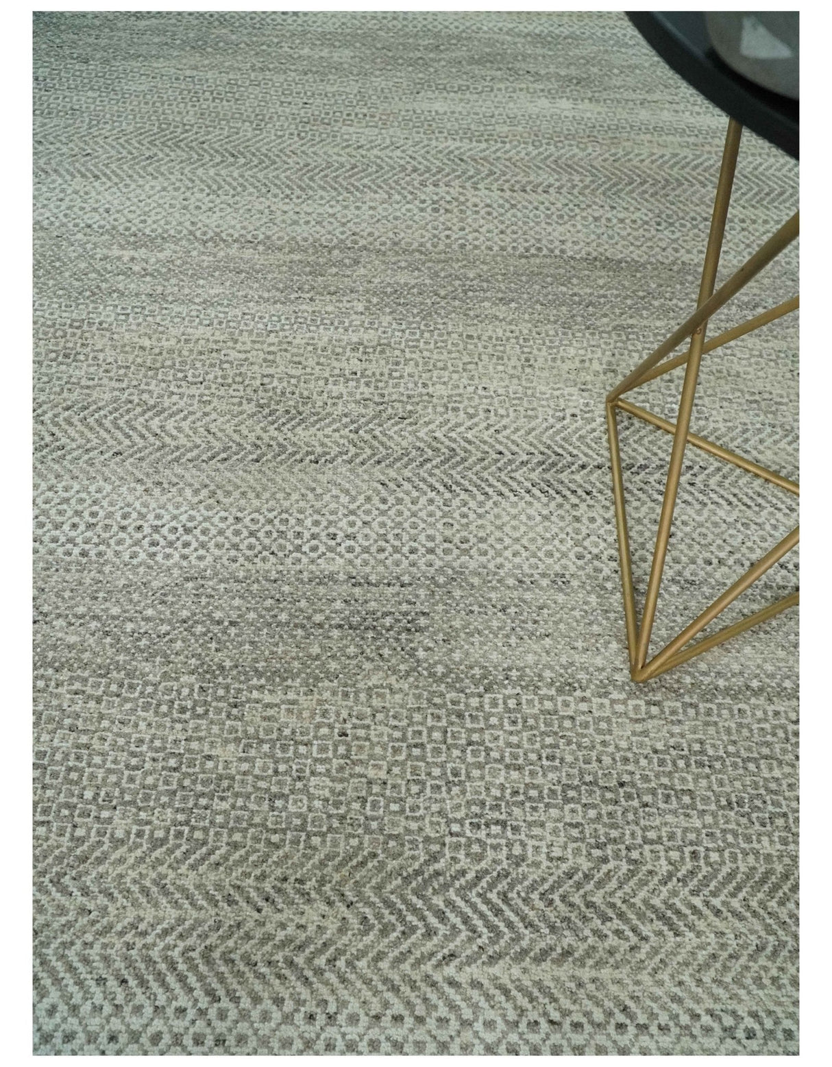 Hand Knotted Modern Geometric Trellis Scandinavian 8x10 Beige, and Ivory Wool Area Rug