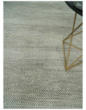 Hand Knotted Modern Geometric Trellis Scandinavian 8x10 Beige, and Ivory Wool Area Rug
