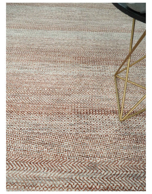 Hand Knotted Modern Geometric Trellis Scandinavian 8x10 Ivory, Rust and Gray Wool Area Rug | TRDCP933810