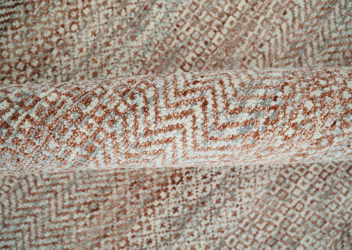 Hand Knotted Modern Geometric Trellis Scandinavian 8x10 Ivory, Rust and Gray Wool Area Rug | TRDCP933810