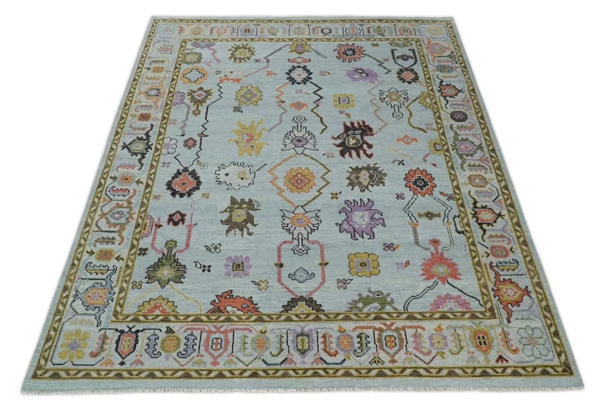 Hand Knotted Multi Size Silver and Olive Traditional Vintage Style colorful Oushak Wool Rug