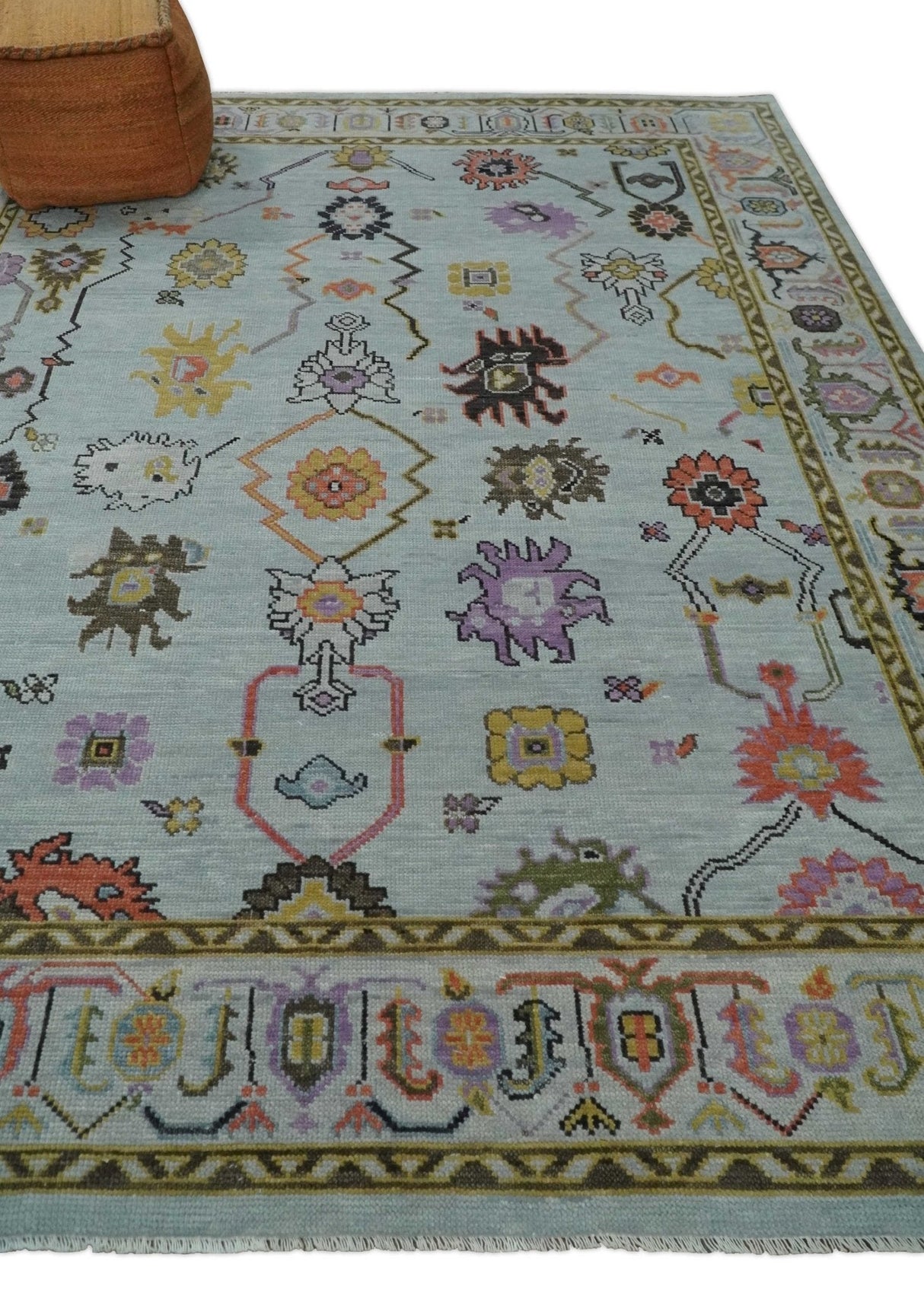 Hand Knotted Multi Size Silver and Olive Traditional Vintage Style colorful Oushak Wool Rug