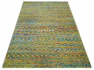 Hand Knotted Mustard, Aqua, Brown and Ivory 5.7x9 Modern Contemporary Southwestern Tribal Trellis Recycled Art Silk Area Rug