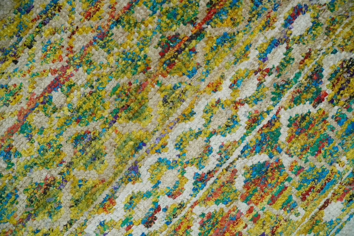 Hand Knotted Mustard, Aqua, Brown and Ivory 5.7x9 Modern Contemporary Southwestern Tribal Trellis Recycled Art Silk Area Rug