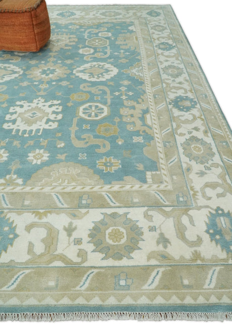 Hand Knotted Persian Oushak 10x14 Blue and Beige Large Wool Area Rug | TRDCP73B1014