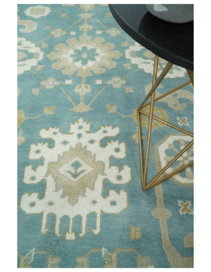 Hand Knotted Persian Oushak 10x14 Blue and Beige Large Wool Area Rug | TRDCP73B1014