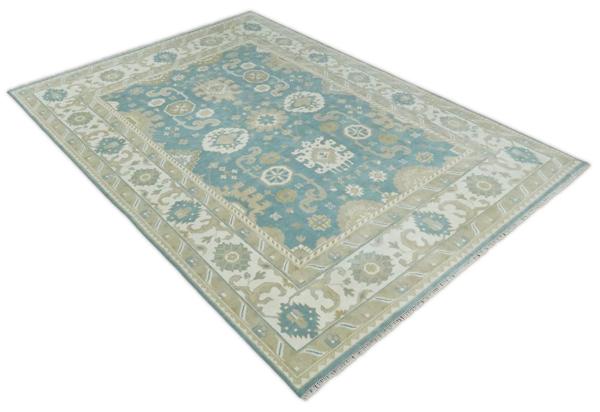Hand Knotted Persian Oushak 10x14 Blue and Beige Large Wool Area Rug | TRDCP73B1014
