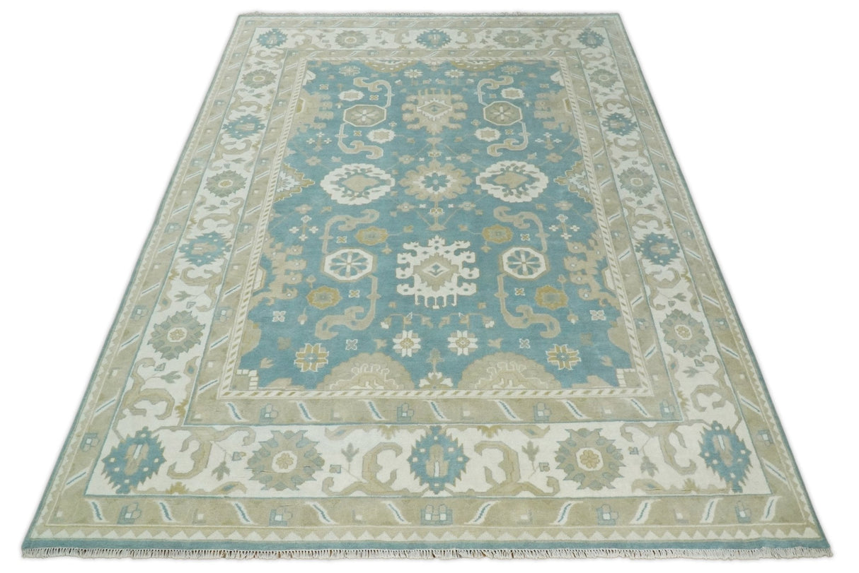 Hand Knotted Persian Oushak 10x14 Blue and Beige Large Wool Area Rug | TRDCP73B1014