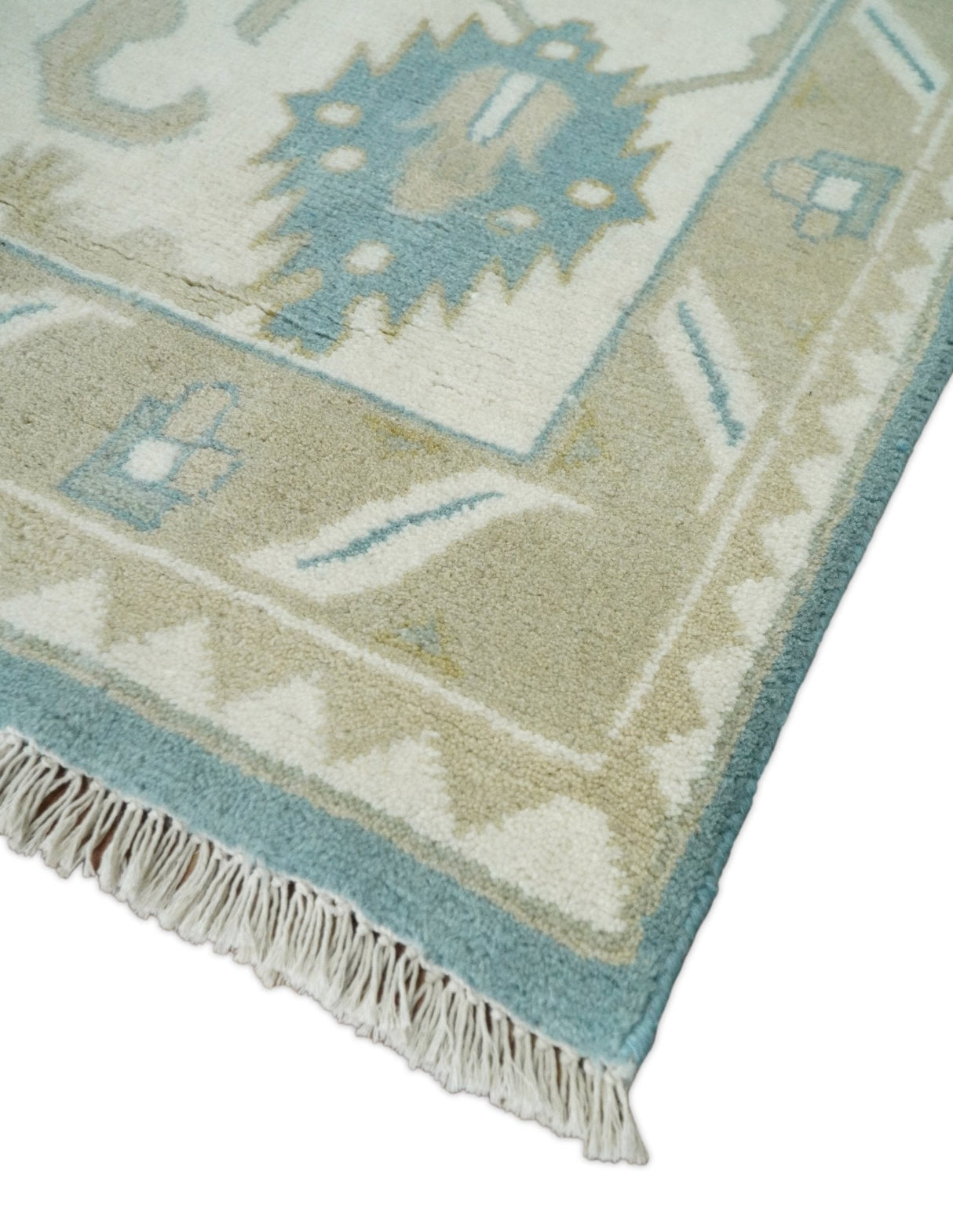 Hand Knotted Persian Oushak 10x14 Blue and Beige Large Wool Area Rug | TRDCP73B1014