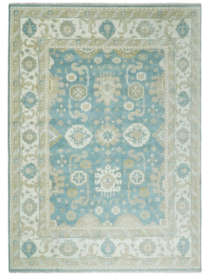 Hand Knotted Persian Oushak 10x14 Blue and Beige Large Wool Area Rug | TRDCP73B1014