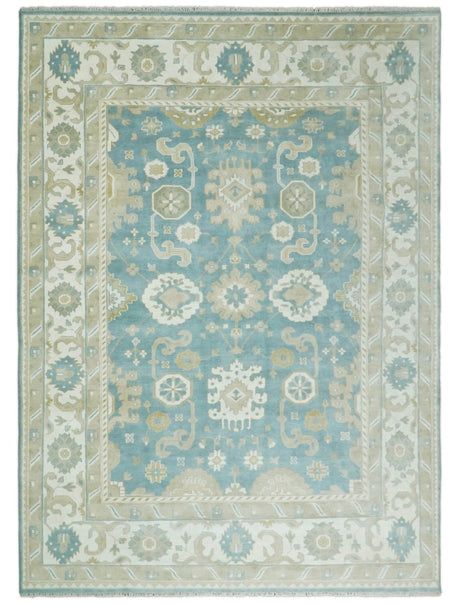 Hand Knotted Persian Oushak 10x14 Blue and Beige Large Wool Area Rug | TRDCP73B1014