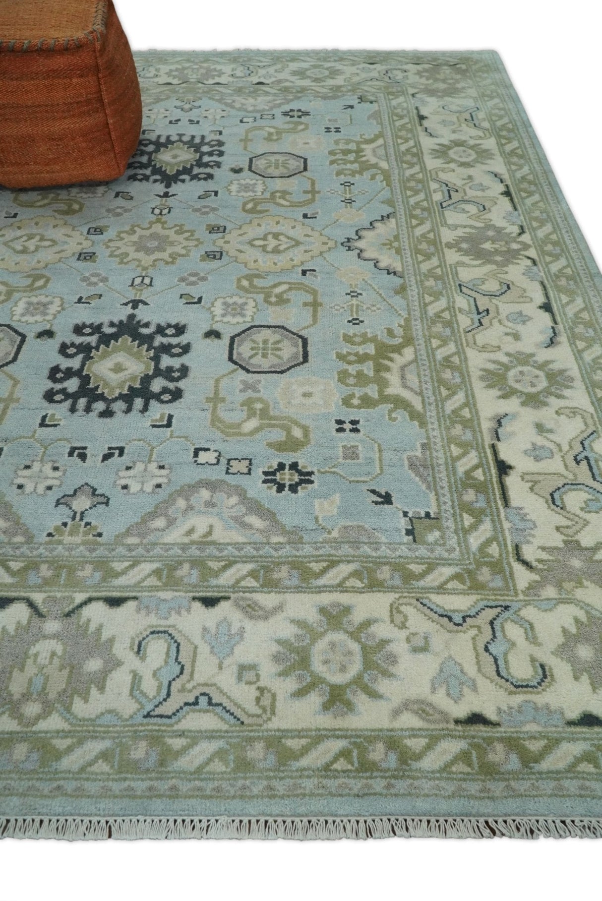 Hand Knotted Persian Oushak 8x10 Blue and Beige Antique Large Wool Area Rug | TRDCP236810