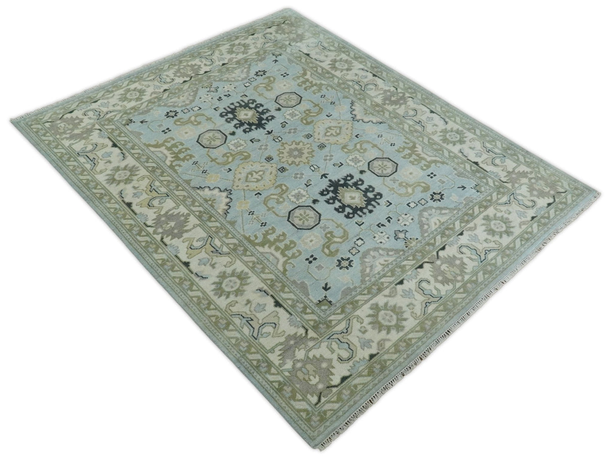 Hand Knotted Persian Oushak 8x10 Blue and Beige Antique Large Wool Area Rug | TRDCP236810