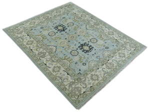 Hand Knotted Persian Oushak 8x10 Blue and Beige Antique Large Wool Area Rug | TRDCP236810