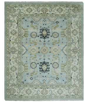 Hand Knotted Persian Oushak 8x10 Blue and Beige Antique Large Wool Area Rug | TRDCP236810