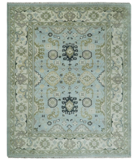 Hand Knotted Persian Oushak 8x10 Blue and Beige Antique Large Wool Area Rug | TRDCP236810