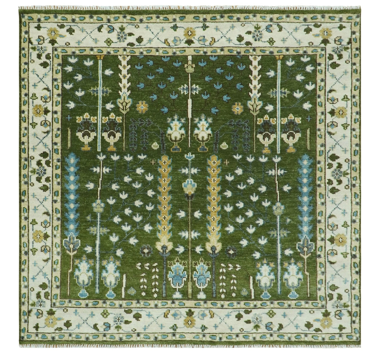 Hand Knotted Royal Green and Ivory Traditional Turkish Style Tree Of Life Multi Size Wool Area Rug