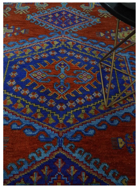 Hand Knotted Rust, Blue and Olive Traditional 8x10 Antique Style Wool Area Rug