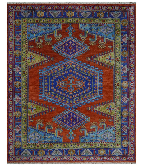 Hand Knotted Rust, Blue and Olive Traditional 8x10 Antique Style Wool Area Rug