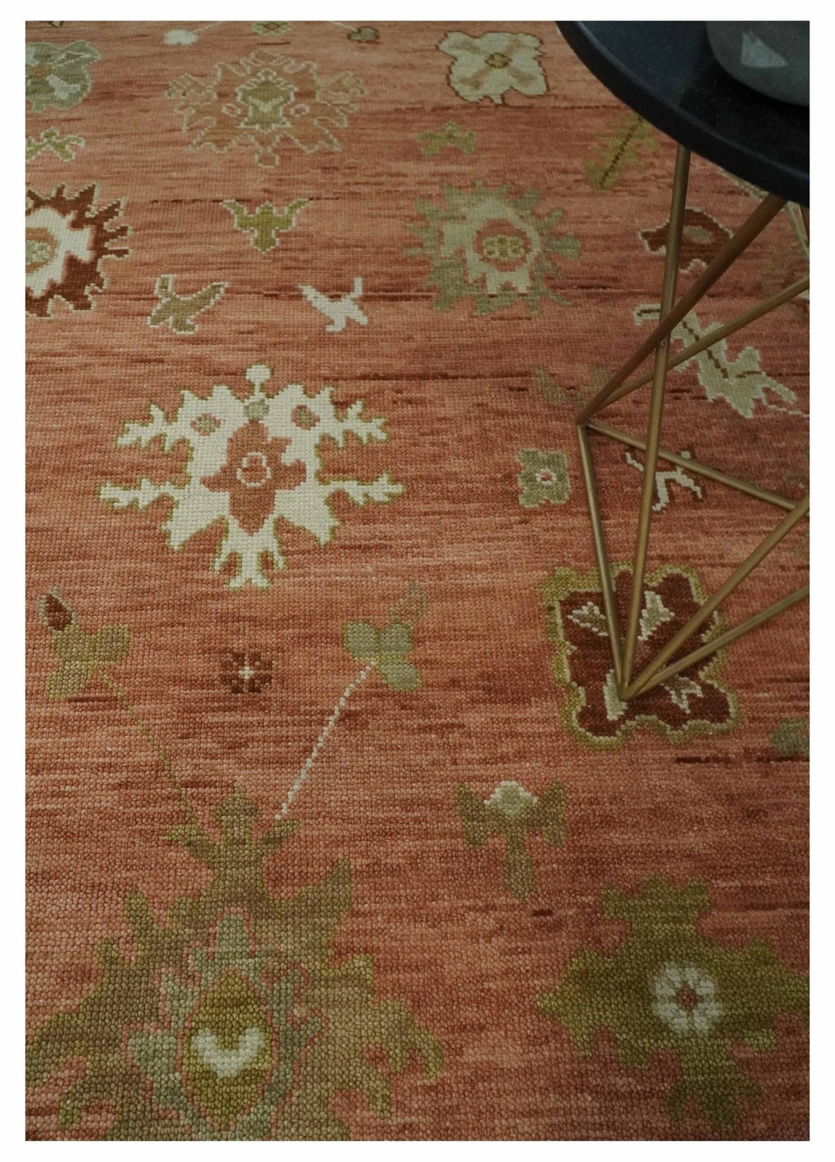 Hand Knotted Rust, Olive and Ivory Traditional Oushak Vintage Style Wool Rug