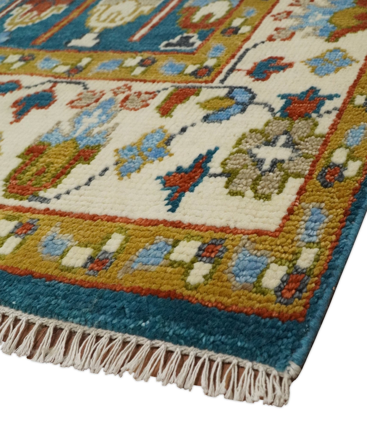 Hand Knotted Teal Blue and Ivory Traditional Vintage Style Multi size Wool Area Rug