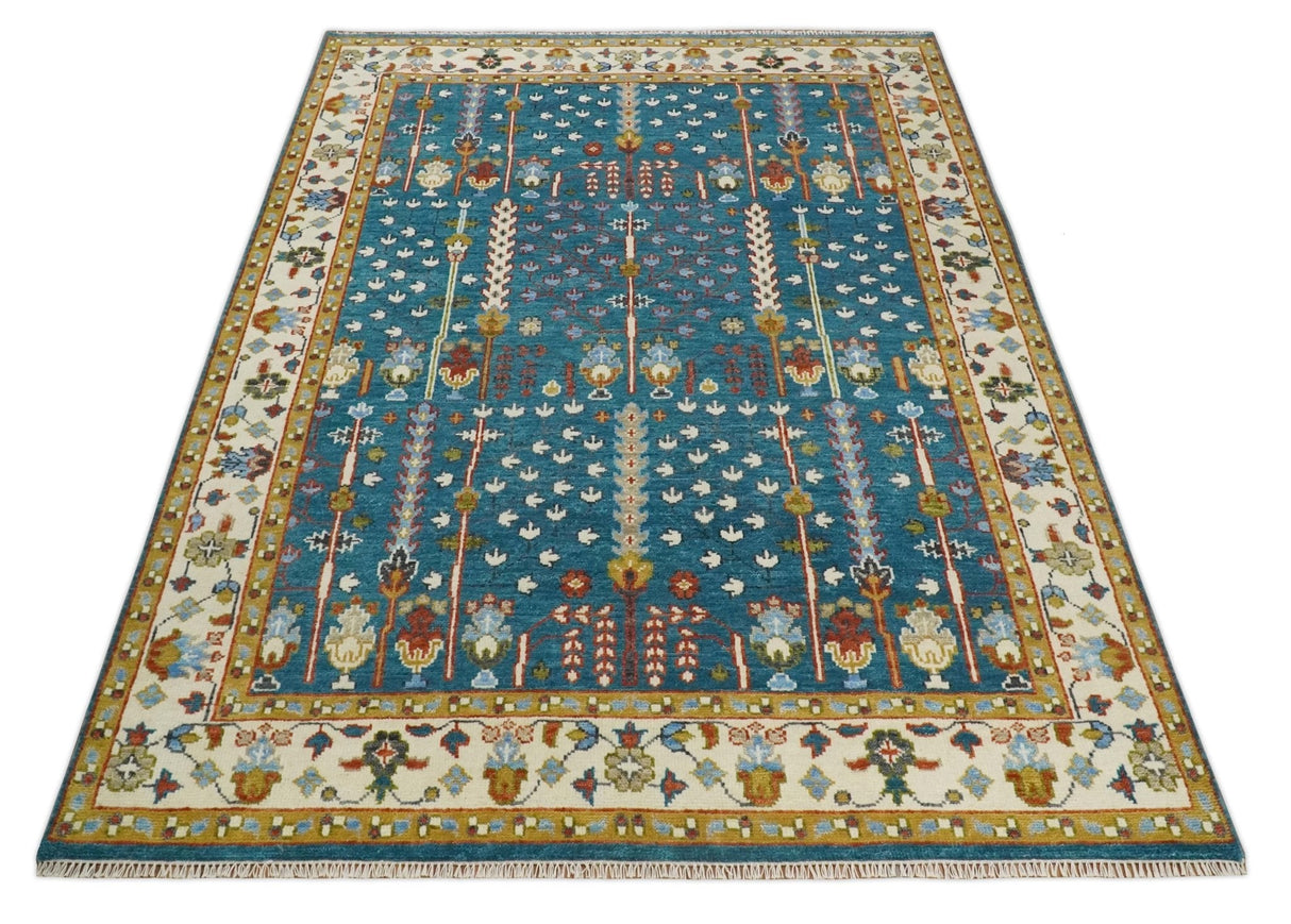 Hand Knotted Teal Blue and Ivory Traditional Vintage Style Multi size Wool Area Rug
