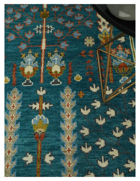 Hand Knotted Teal Blue and Ivory Tree of Life Traditional Vintage Style Wool Rug
