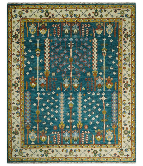 Hand Knotted Teal Blue and Ivory Tree of Life Traditional Vintage Style Wool Rug