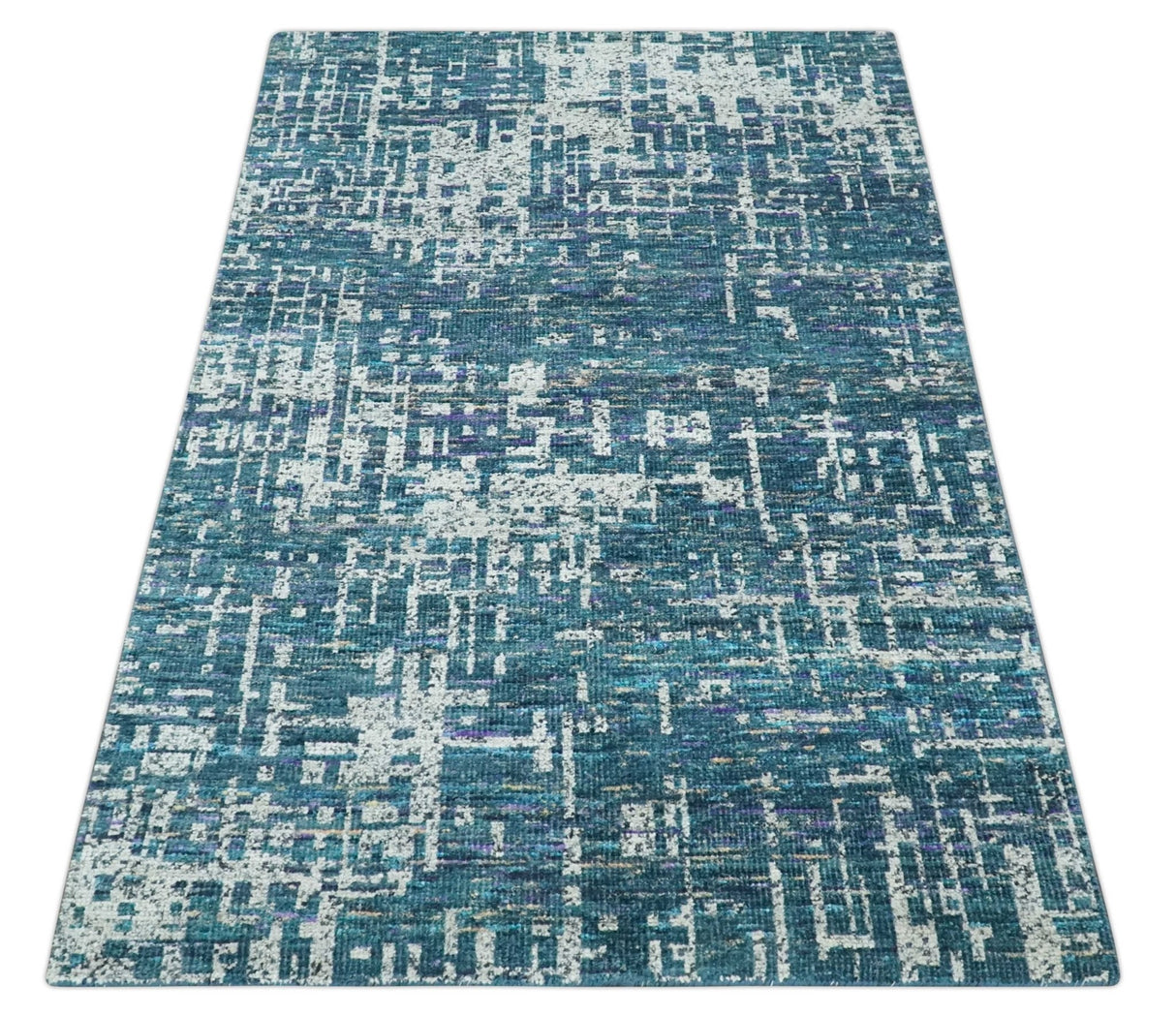 Hand Knotted Teal and Ivory Modern Abstract Contemporary Recycled Silk Area Rug