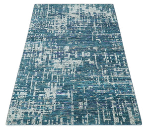 Hand Knotted Teal and Ivory Modern Abstract Contemporary Recycled Silk Area Rug