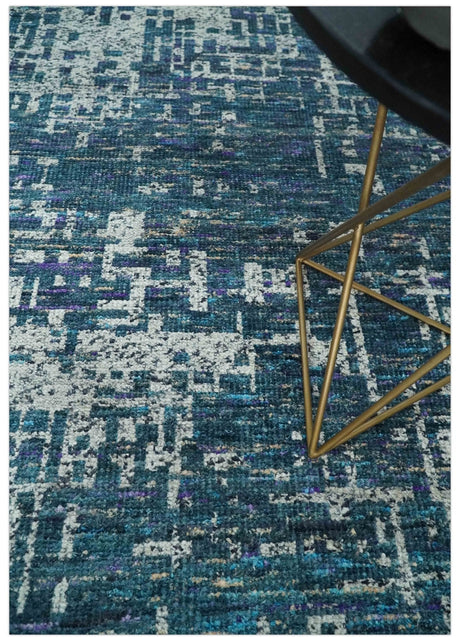 Hand Knotted Teal and Ivory Modern Abstract Contemporary Recycled Silk Area Rug