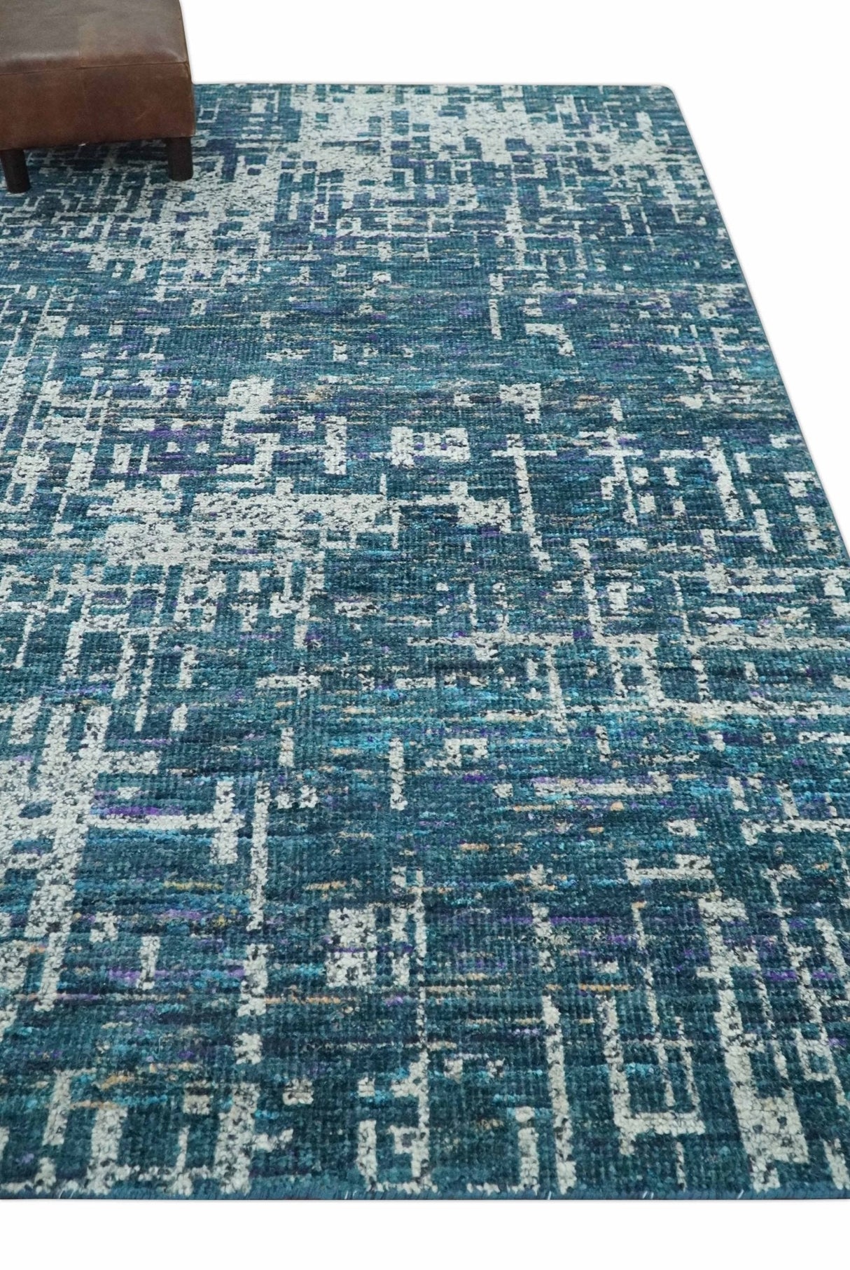 Hand Knotted Teal and Ivory Modern Abstract Contemporary Recycled Silk Area Rug