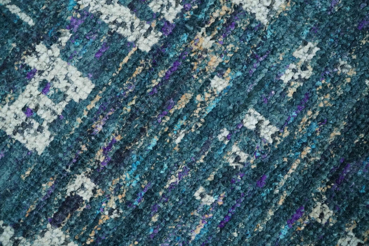 Hand Knotted Teal and Ivory Modern Abstract Contemporary Recycled Silk Area Rug
