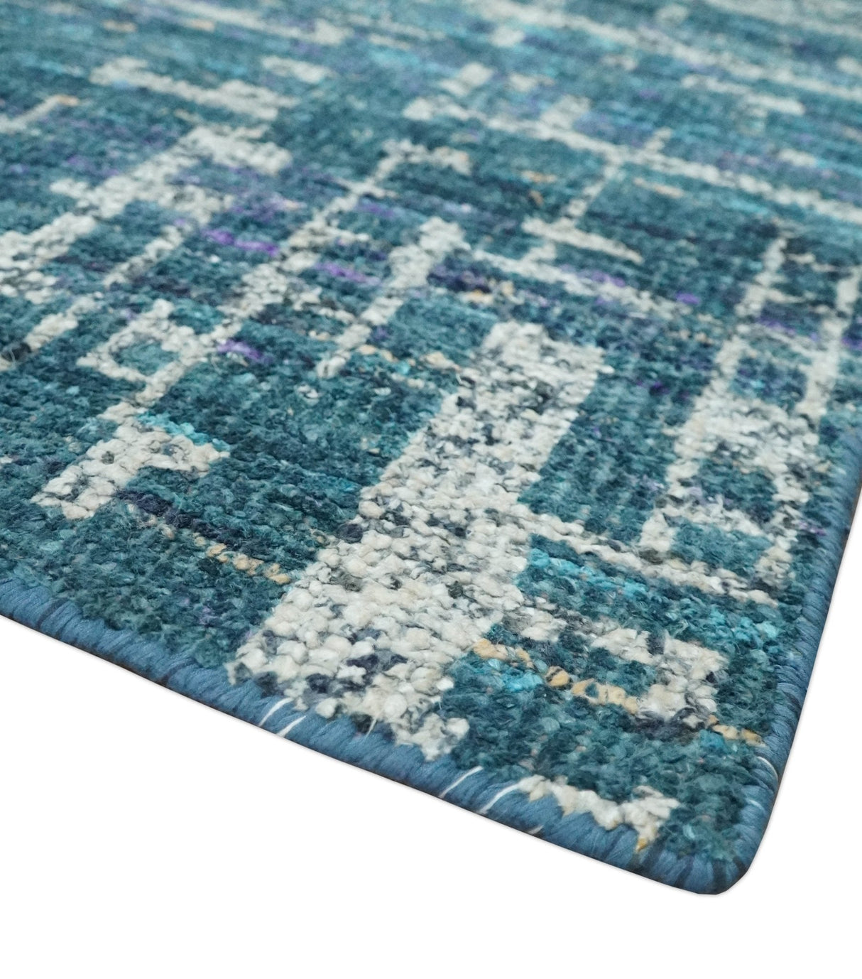 Hand Knotted Teal and Ivory Modern Abstract Contemporary Recycled Silk Area Rug