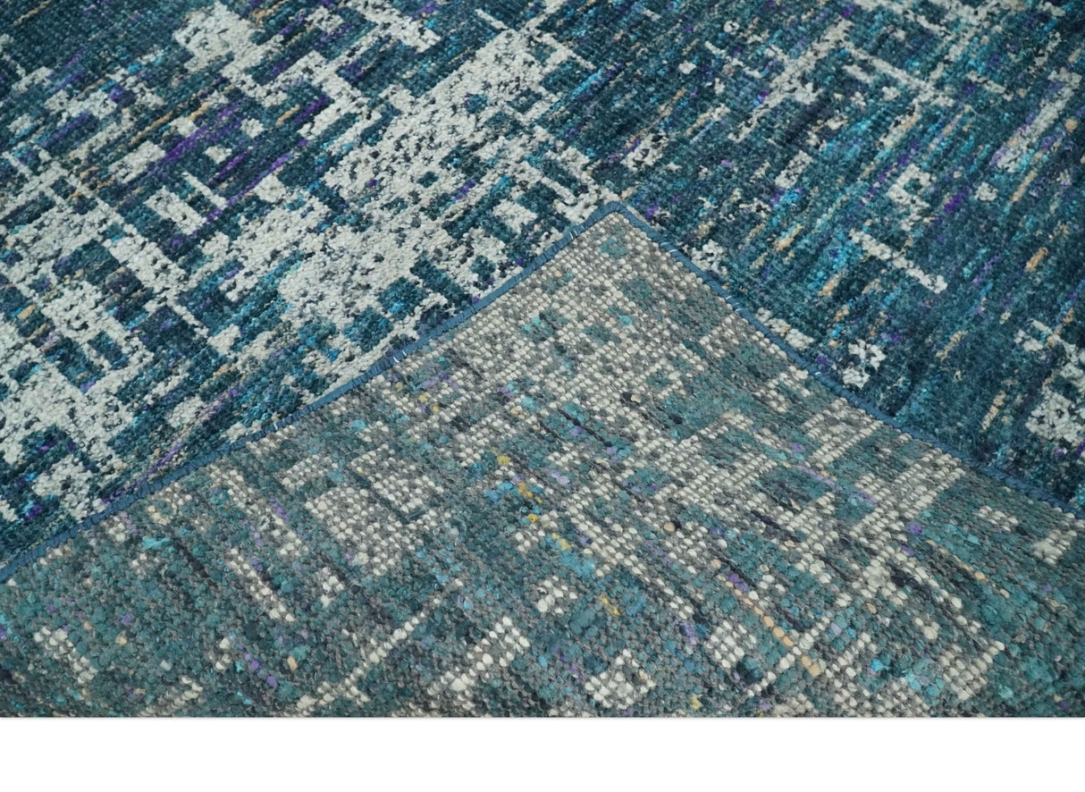 Hand Knotted Teal and Ivory Modern Abstract Contemporary Recycled Silk Area Rug