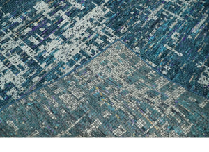 Hand Knotted Teal and Ivory Modern Abstract Contemporary Recycled Silk Area Rug