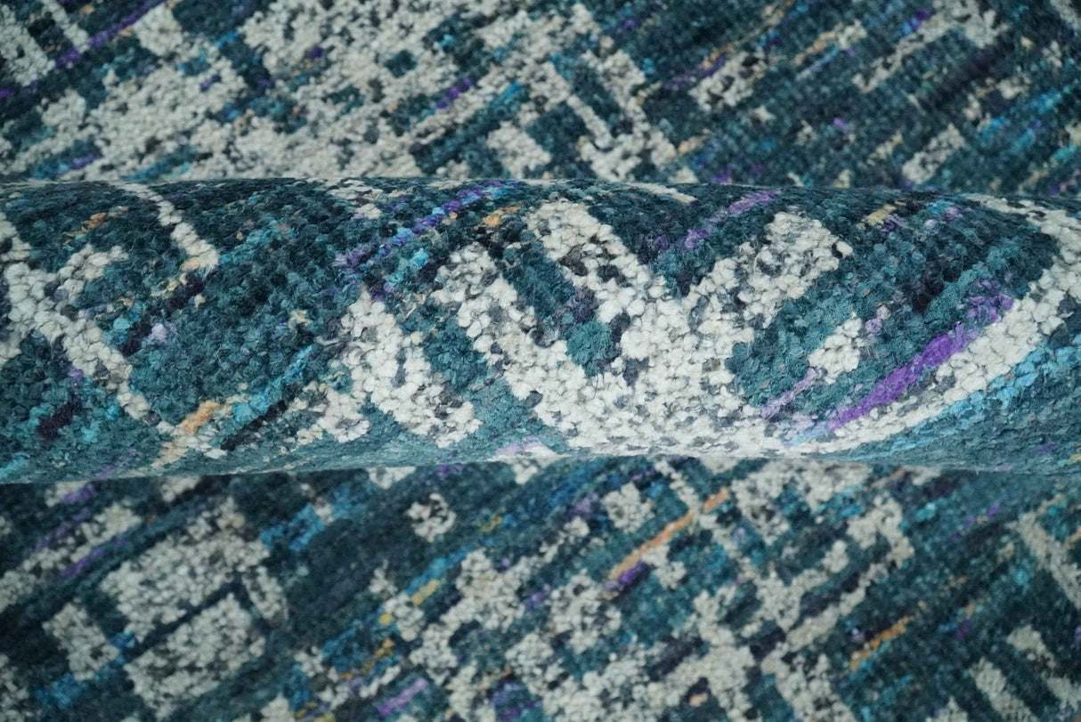 Hand Knotted Teal and Ivory Modern Abstract Contemporary Recycled Silk Area Rug